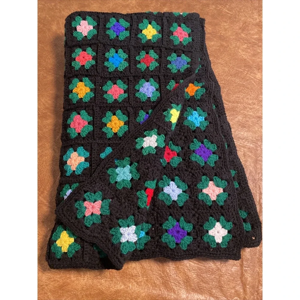 Vtg Square Black Afghan 69